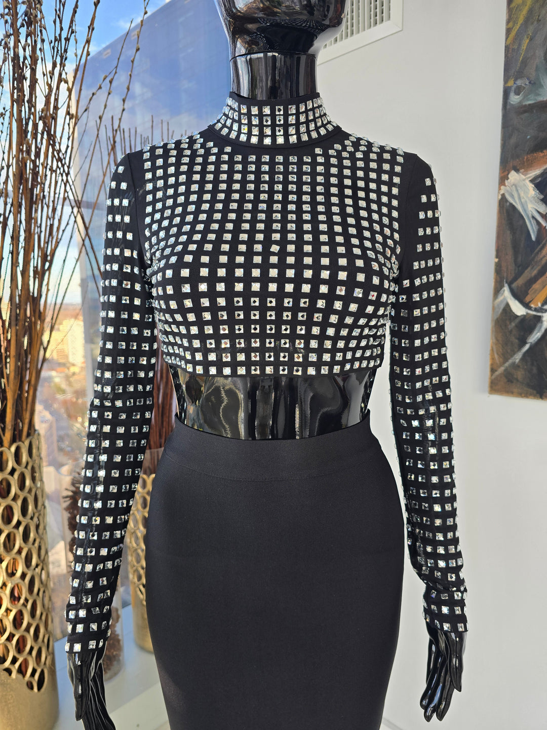 Mesh Mock Neck Rhinestone Bandage Top